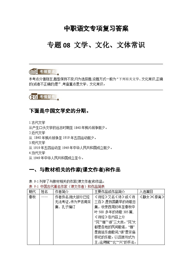 中职语文专项复习-专题08 文学、文化、文体常识（教师版）第1页