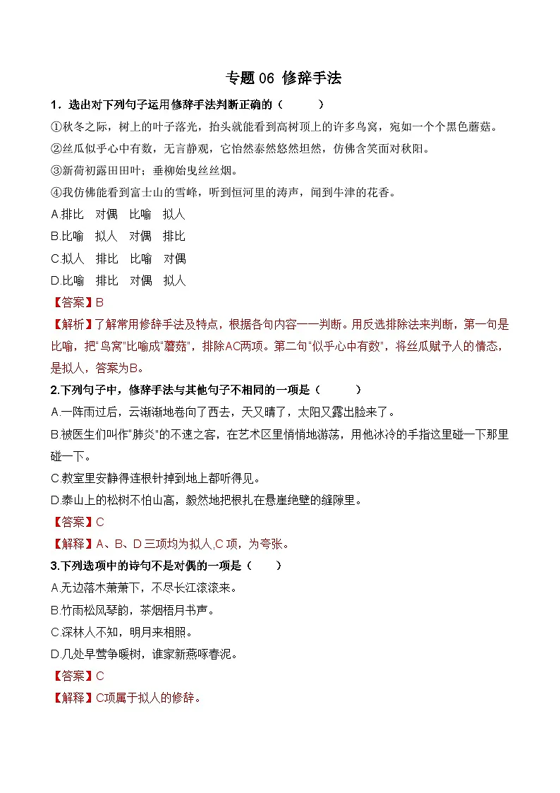 专题06 修辞手法（考题猜想）（解析版）第1页