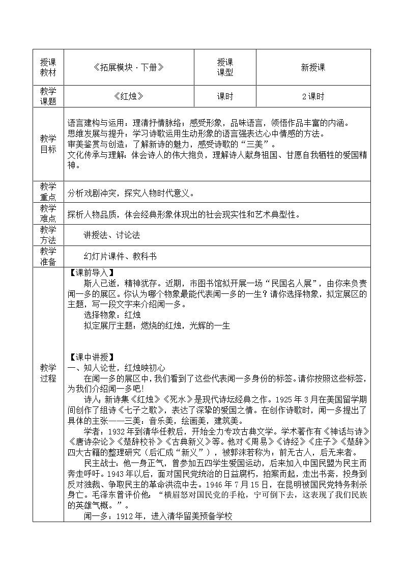 部编高教版（2024）拓展模块下册4.3《红烛》教案第1页