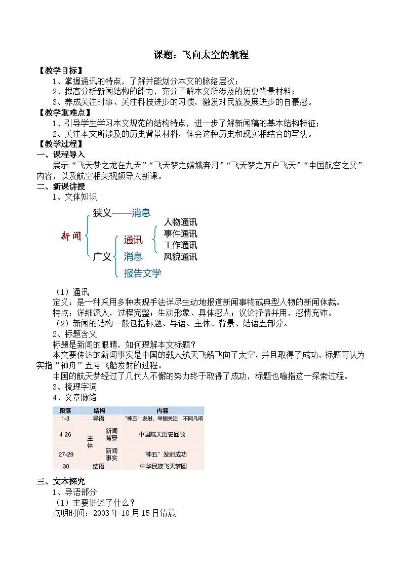 部编高教版2023 中职语文 基础模块下册 第五单元第二课 飞向太空的航程-教案第1页