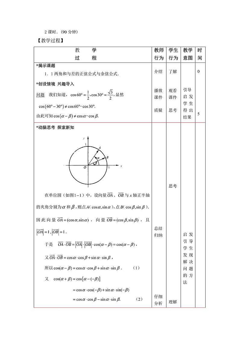 【人教版】中职数学（拓展模块）：1.1.1 《两角和与差的正弦公式与余弦公式》教案第2页