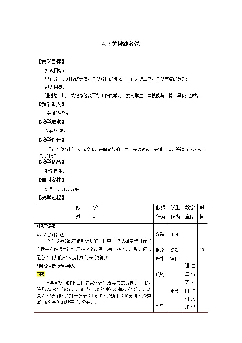 4.2关键路径法 教案-高二下学期高教版中职数学职业模块(财经、商务与服务)第四章算编制计划的原理与方法01