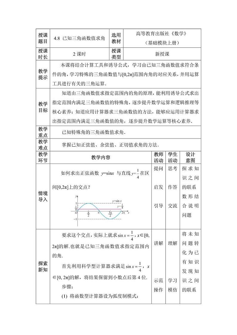 4.8 已知三角函数值求角 教案01