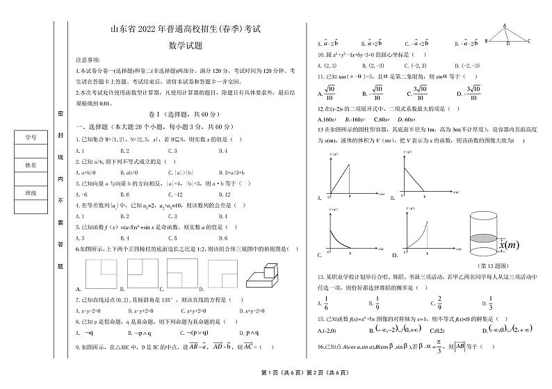 2022年山东春季高考数学真题第1页