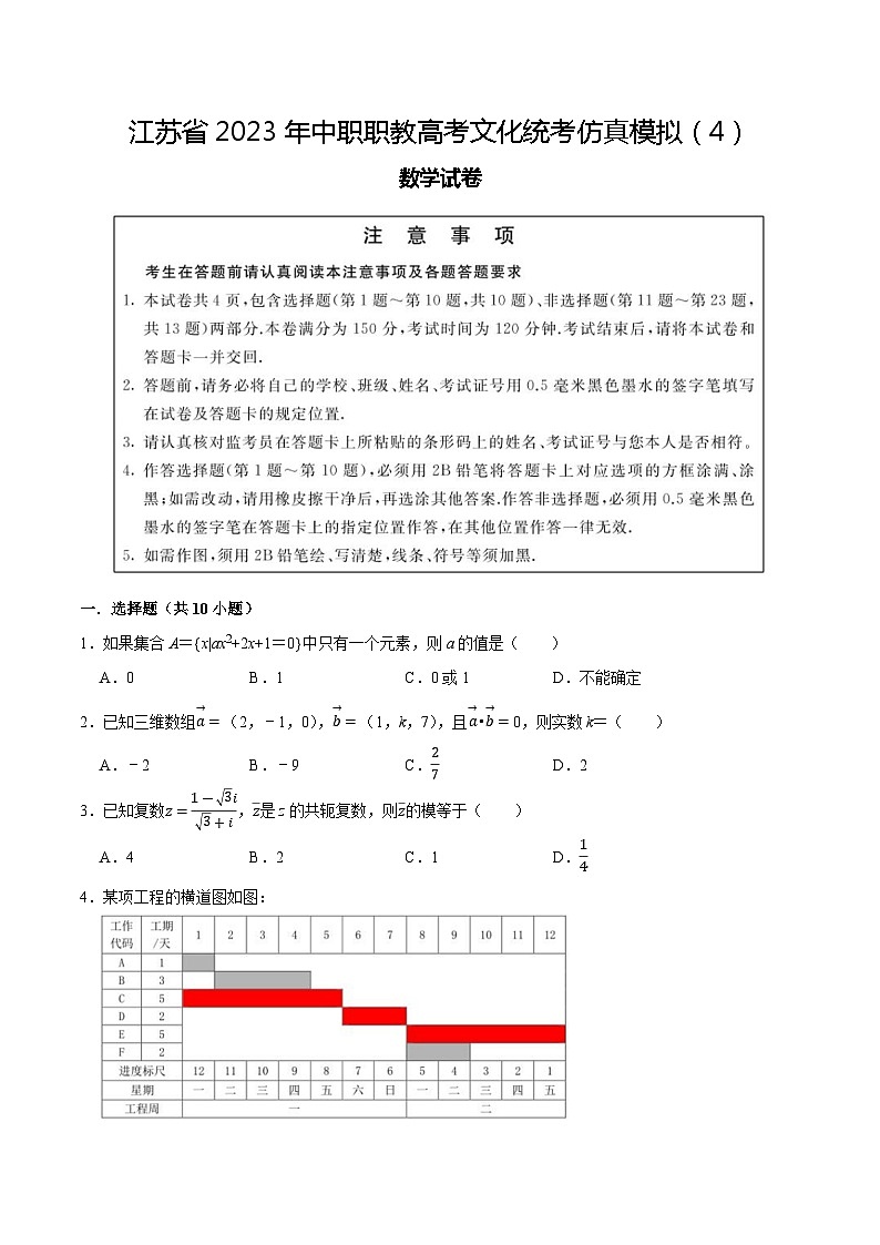 模拟卷04——备考2023中职高考数学冲刺模拟卷（江苏适用）01