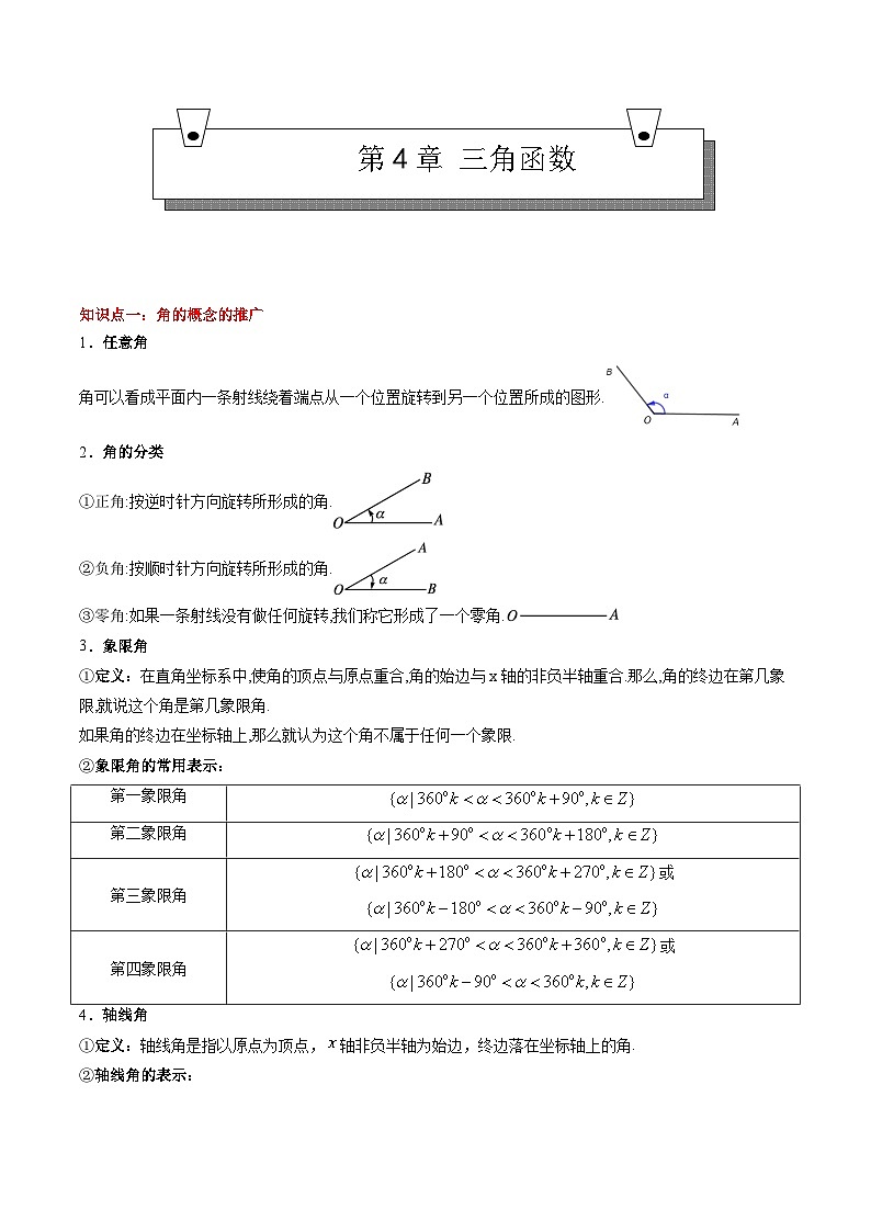 【期中复习】（高教版2021）中职高中数学单元复习 第4章 三角函数（知识考点） 试卷讲义01