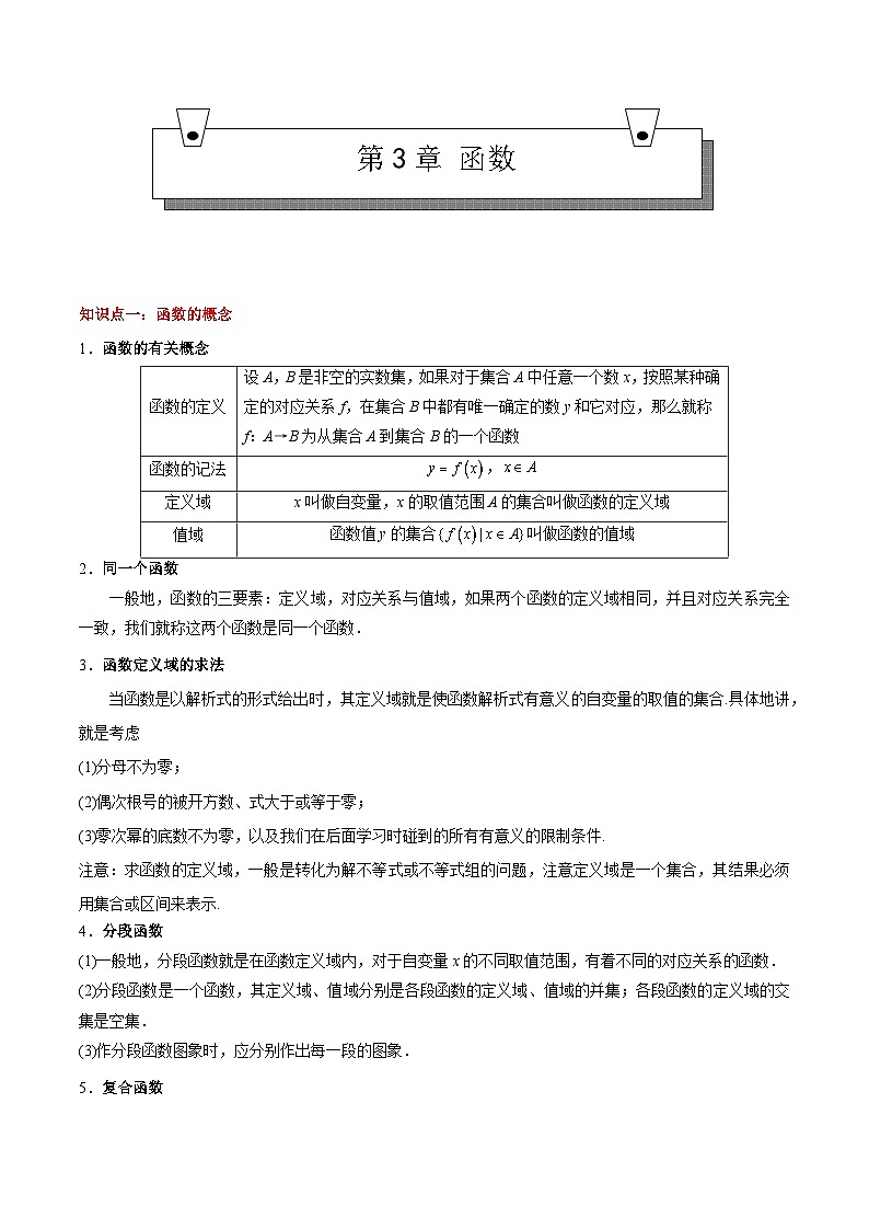 【期中复习】（高教版2021）中职高中数学单元复习 第3章 函数（知识考点） 试卷讲义01