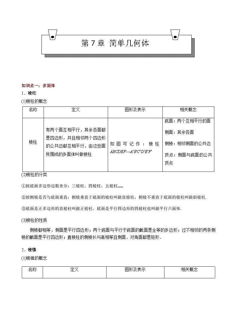 （高教版2021）中职高中数学单元复习 基础模块下册 第7章 简单几何体（知识考点） 讲义（解析版)第1页