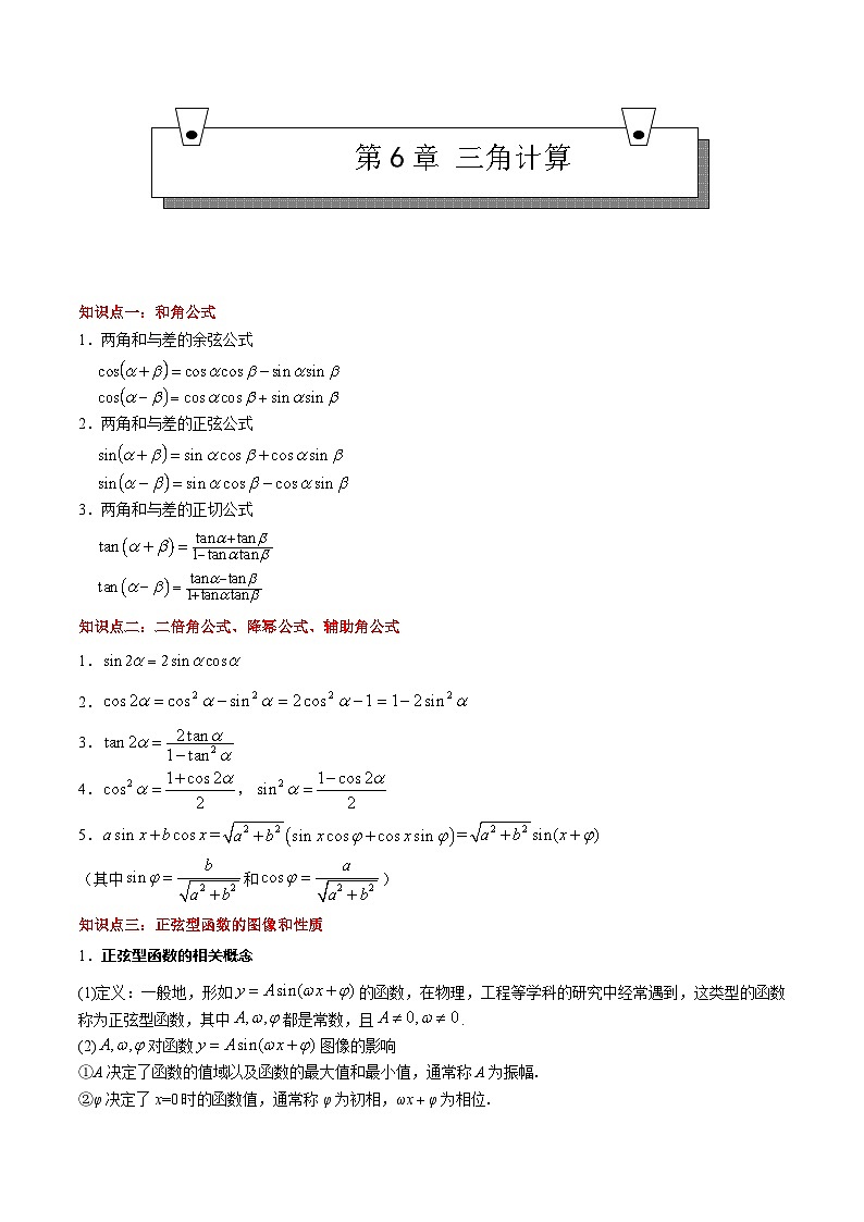 （高教版2021）中职高中数学 拓展模块下册 单元复习 第6章 三角计算（知识点） 讲义（原卷版)第1页