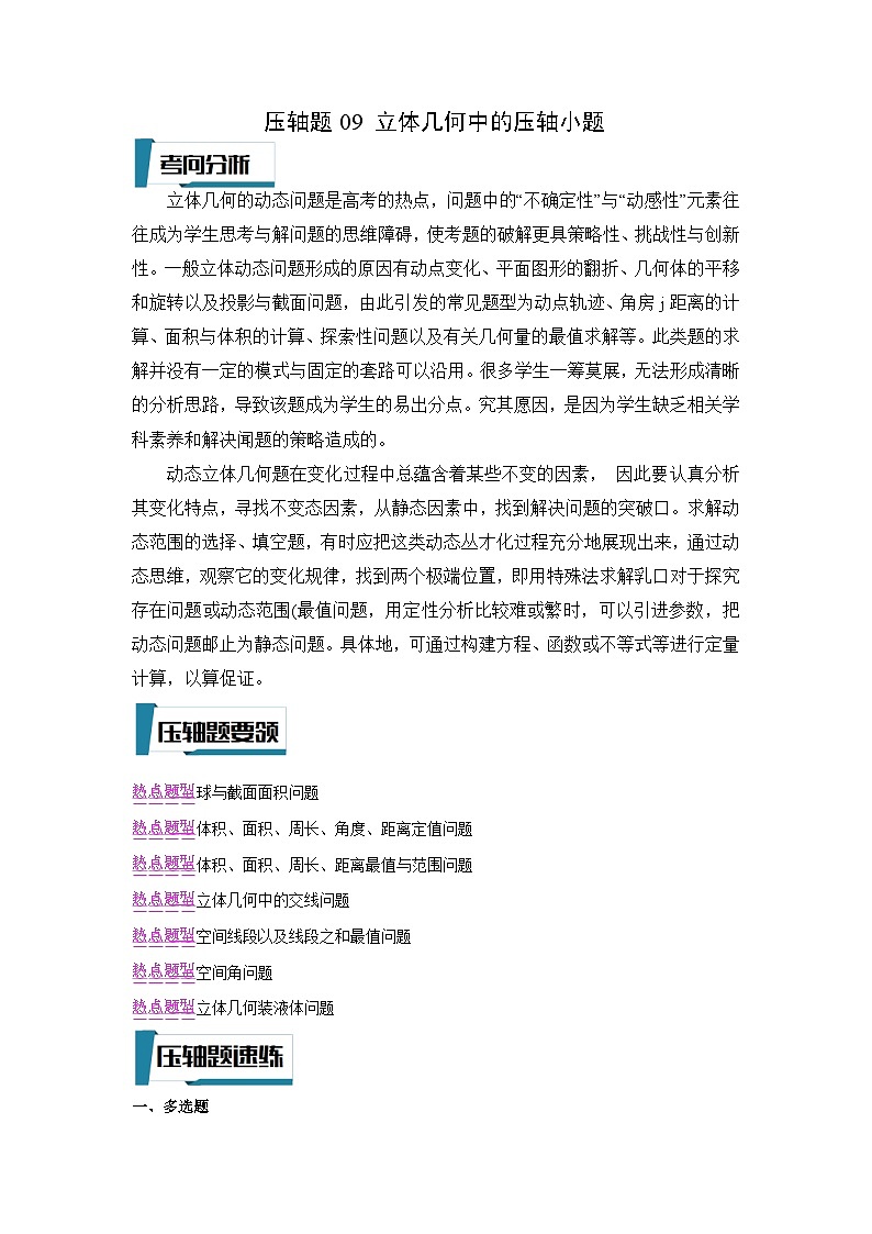 立体几何中的压轴小题（题型）（原卷版）第1页