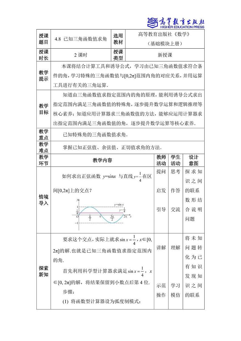 4.8 已知三角函数值求角 教案01