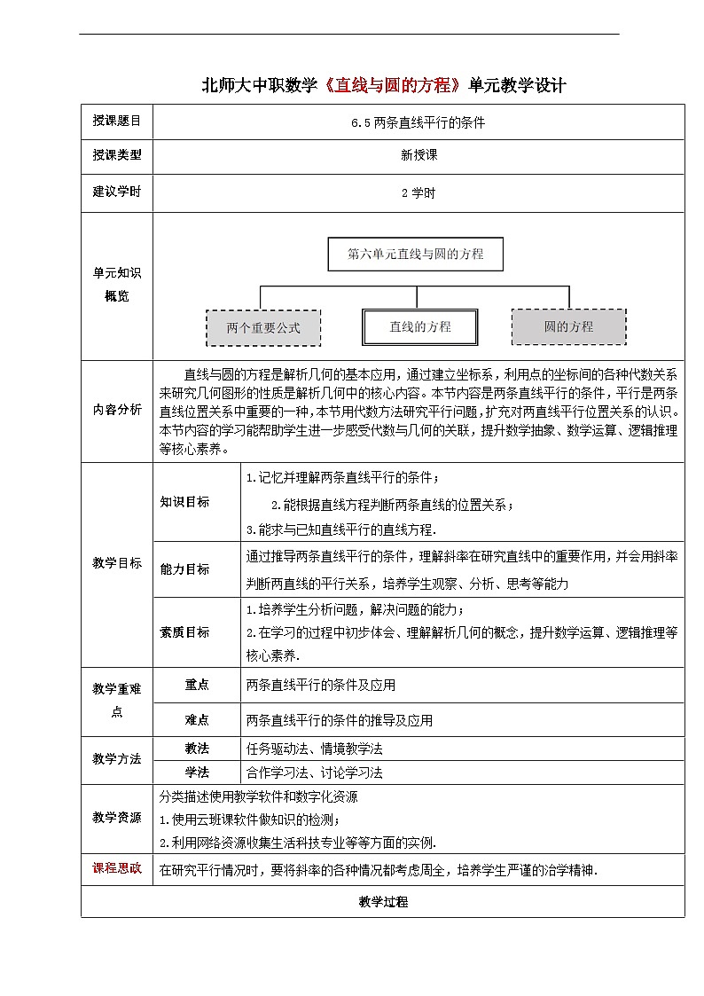 【中职数学】北师大版基础模块下册 第六章《直线与圆》6.5 两条直线平行的条件 教学设计第1页