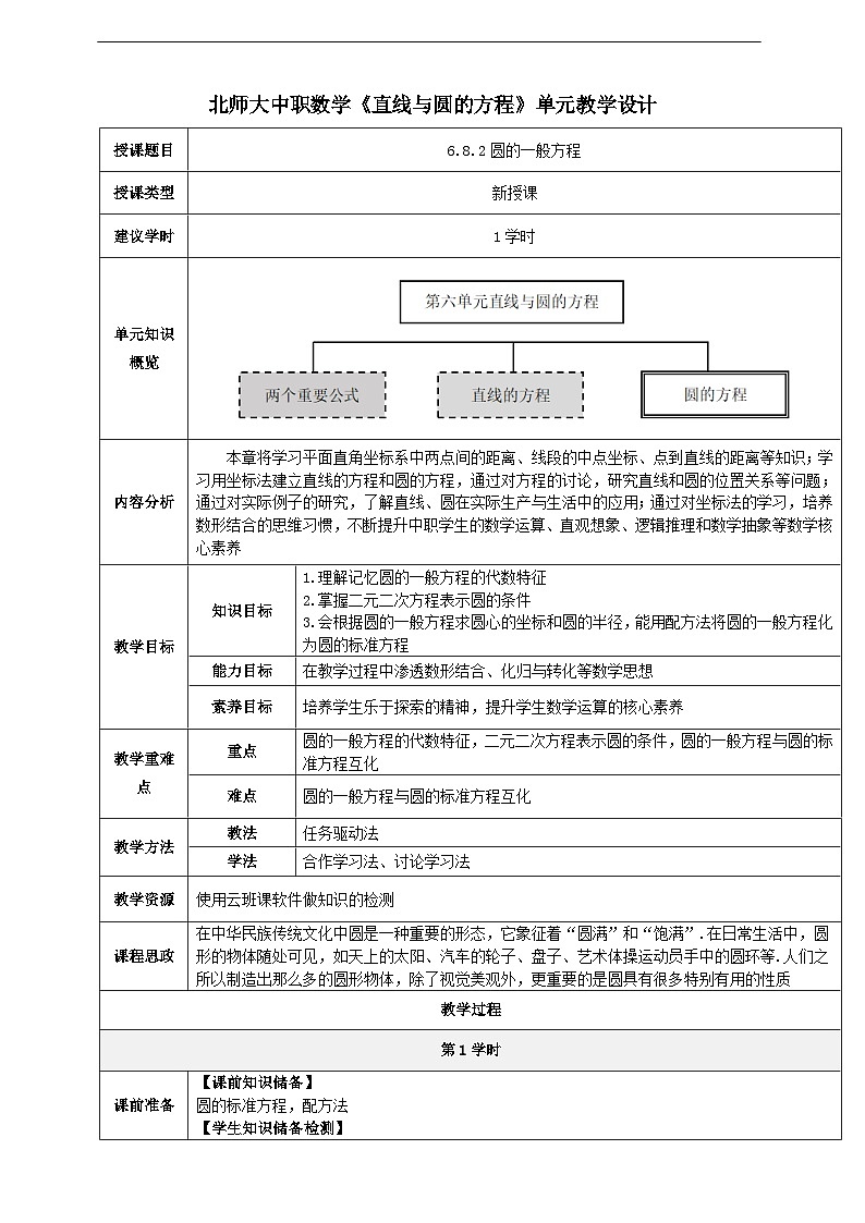 【中职数学】北师大版基础模块下册 第六章《直线与圆》6.8.2 圆的一般方程 教学设计第1页