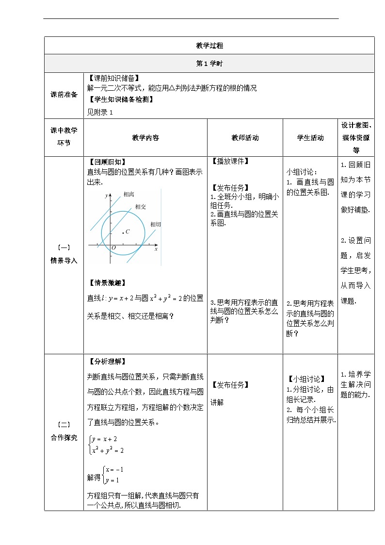 【中职数学】北师大版基础模块下册 第六章《直线与圆》6.9.1 判断直线与圆的位置关系（一） 教学设计第2页