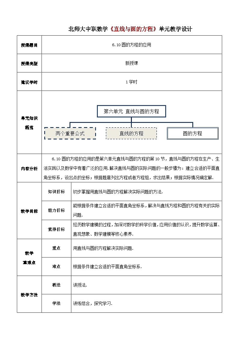 【北师大版中职数学】基础模块下册 6.10 圆的方程的应用（课件+教案）01