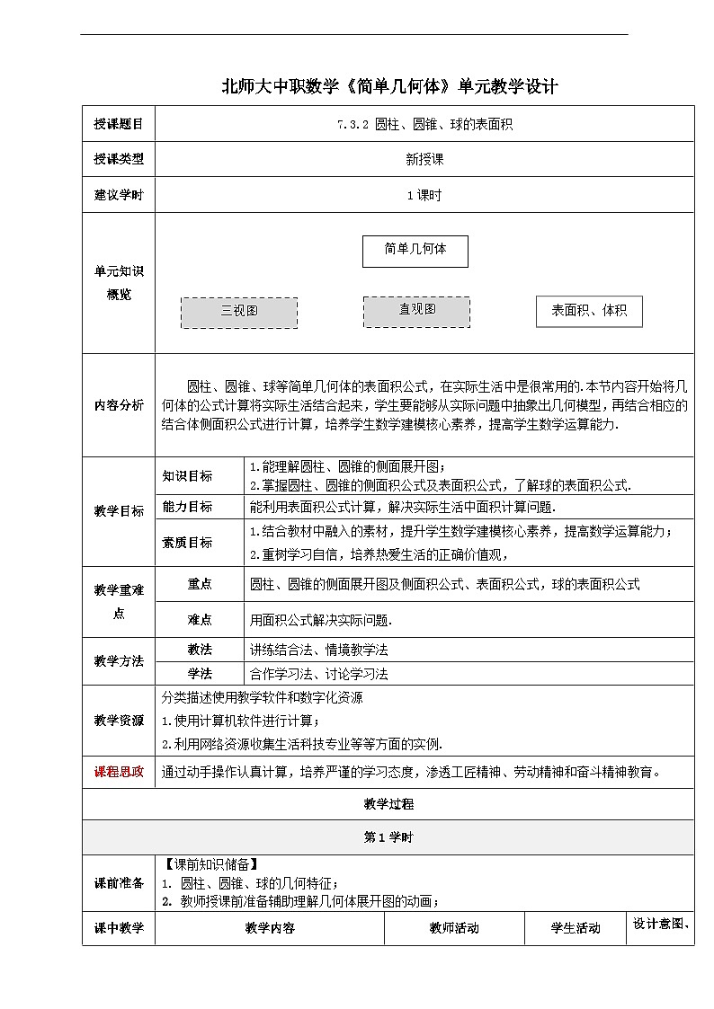 【北师大版中职数学】基础模块下册 7.3.2 圆柱、圆锥、球的表面积（课件+教案）01