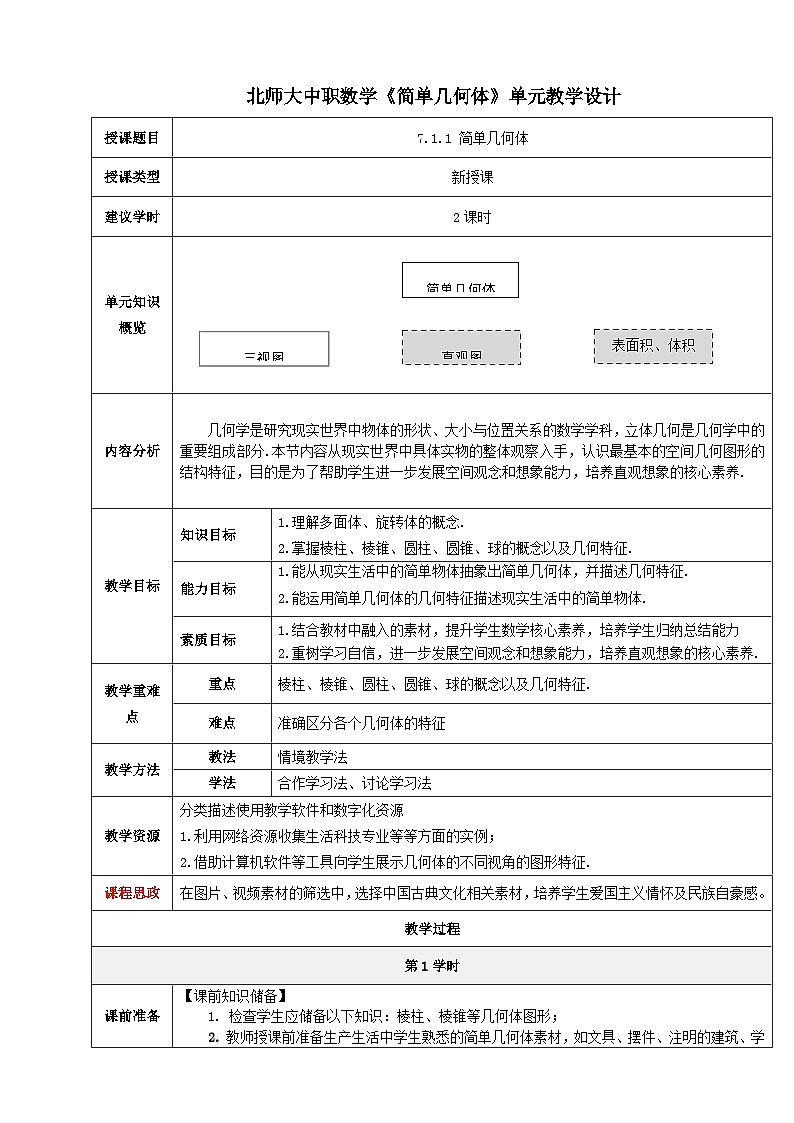 【北师大版中职数学】基础模块下册 7.1 简单几何体（一）（课件+教案）01