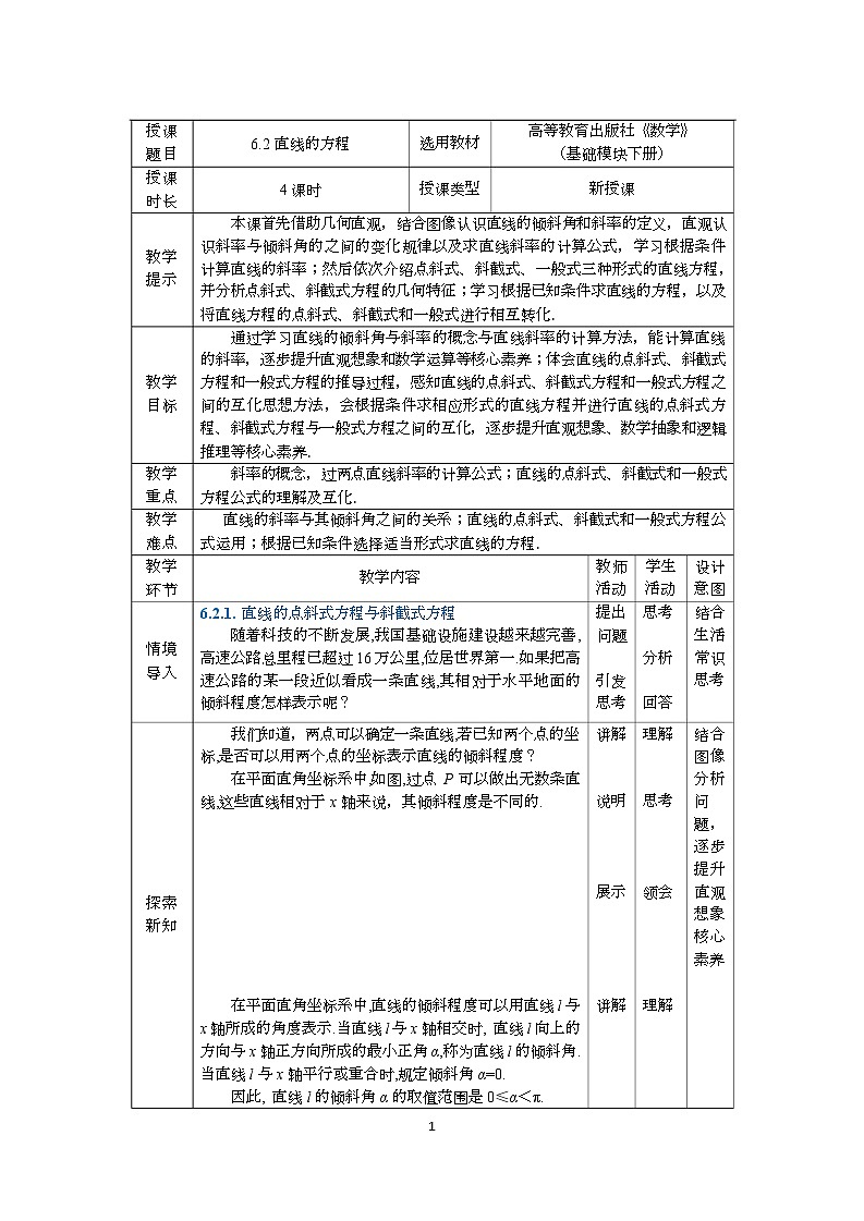 高教版2021 中职数学  基础模块下册 第六章 6.2 直线的方程（4课时）-课件+教案01