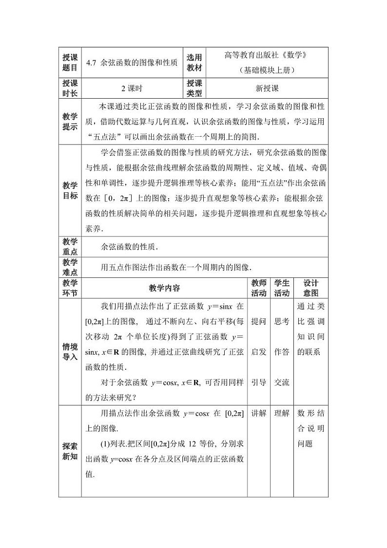 高教版2021 中职数学  基础模块上册 第四章三角函数 4.7余弦函数的图像和性质（2课时）-课件+教案01