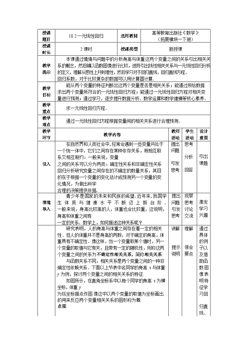 【简约实用】高教版（2021）中职数学 拓展模块二下册 10.2一元线性回归课件+教案+课内练习题答案01