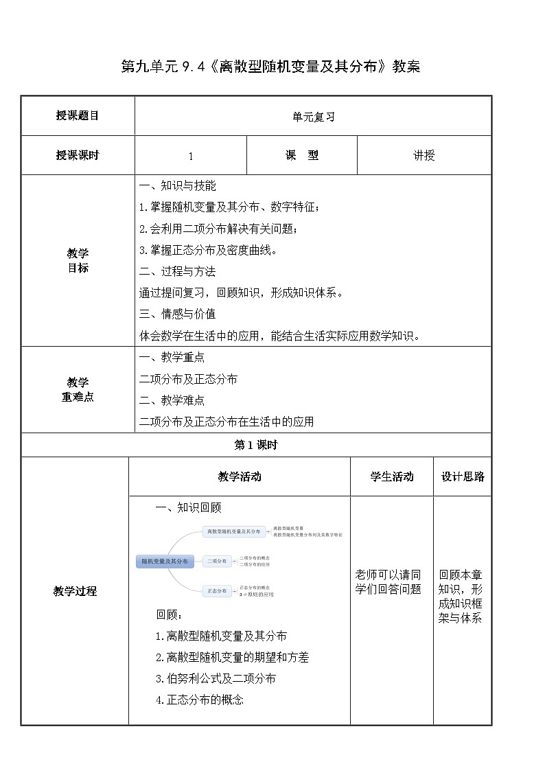 北师大版《中职数学（拓展模块一 下册）》第23课 第9单元复习课 教学设计第1页