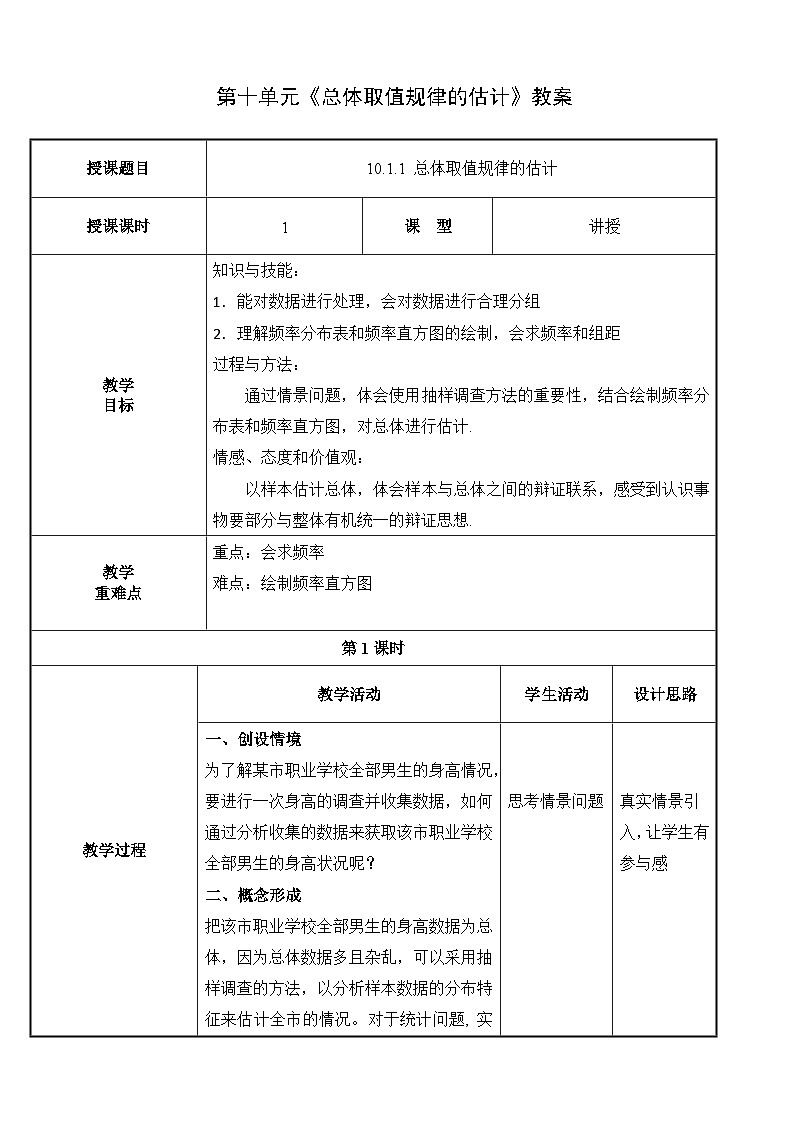 【北师大版中职数学】拓展模块一 下册 10.1.1《总体取值规律的估计》课件+教案01