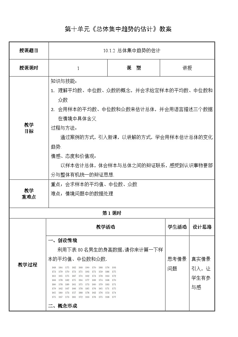 【北师大版中职数学】拓展模块一 下册 10.1.2《总体集中趋势的估计》课件+教案01