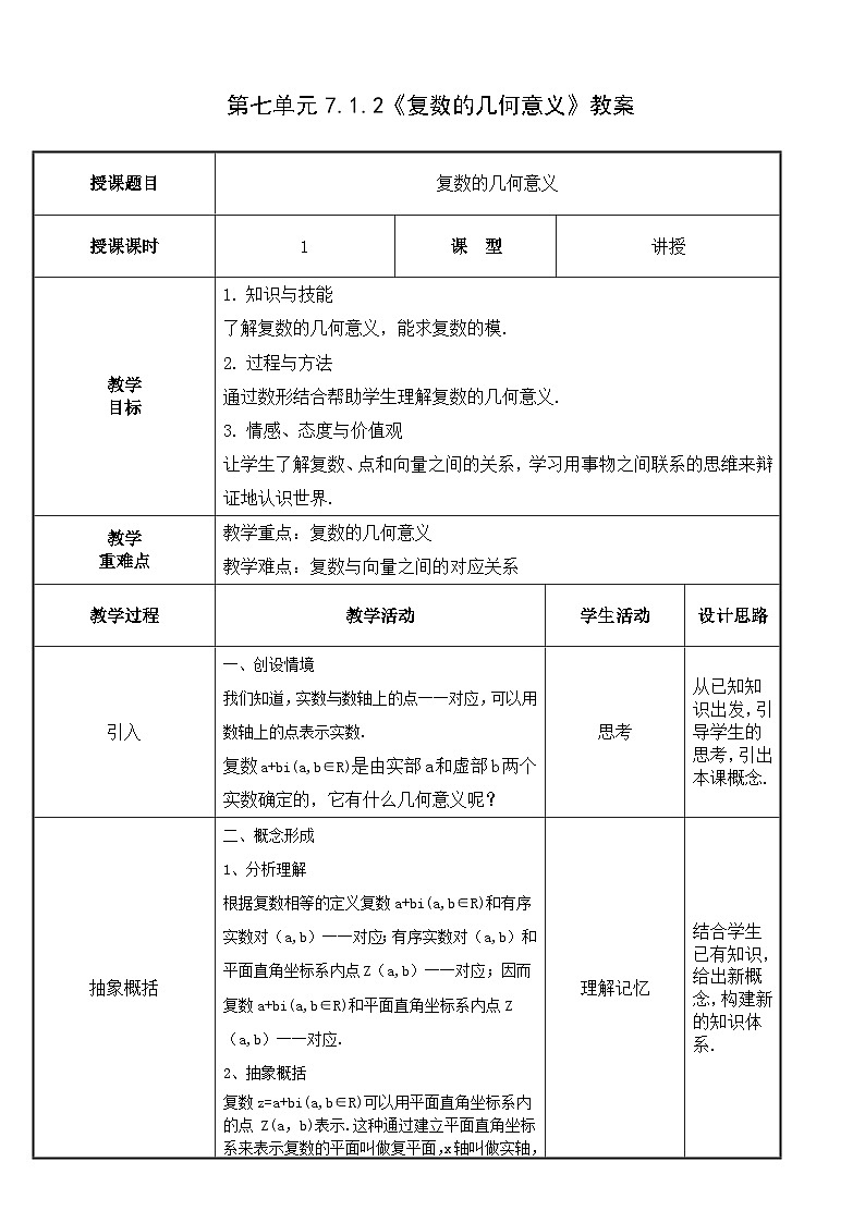 【北师大版中职数学】拓展模块一 下册 7.1.2《复数的几何意义》课件+教案01