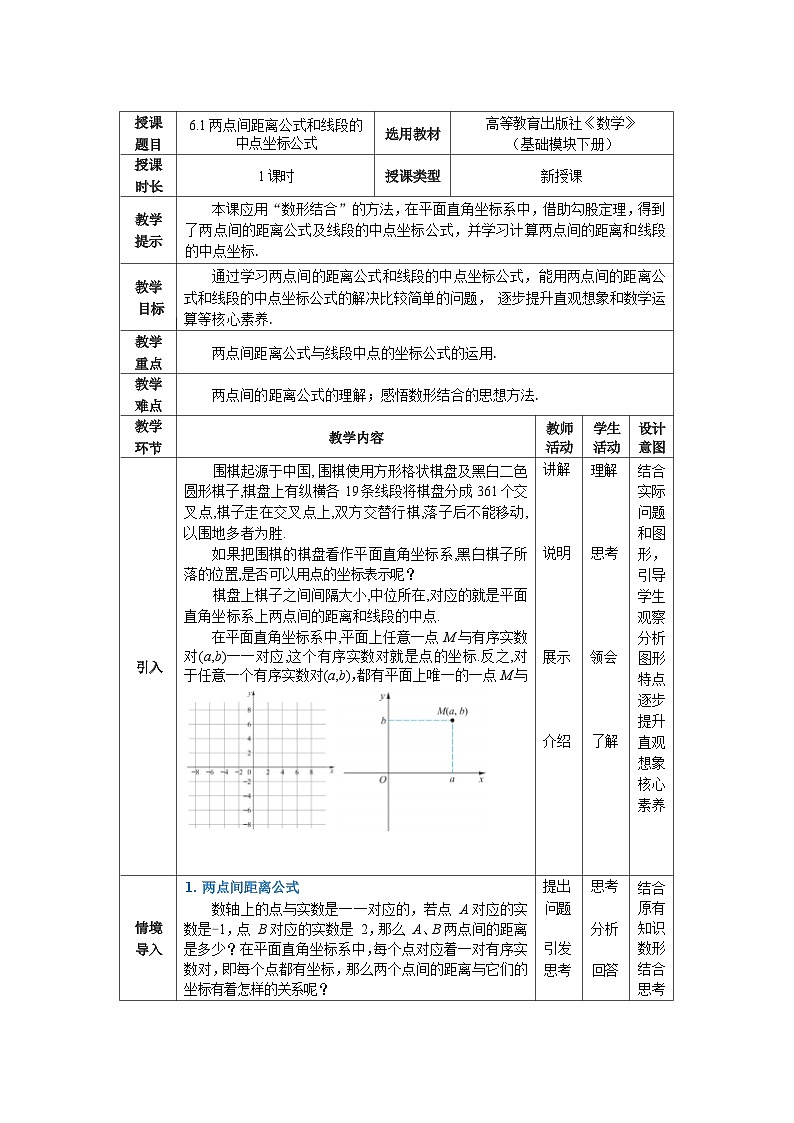 6.1两点间距离公式和线段的中点坐标公式 中职数学高教版（2021~十四五）基础模块下册教案第1页
