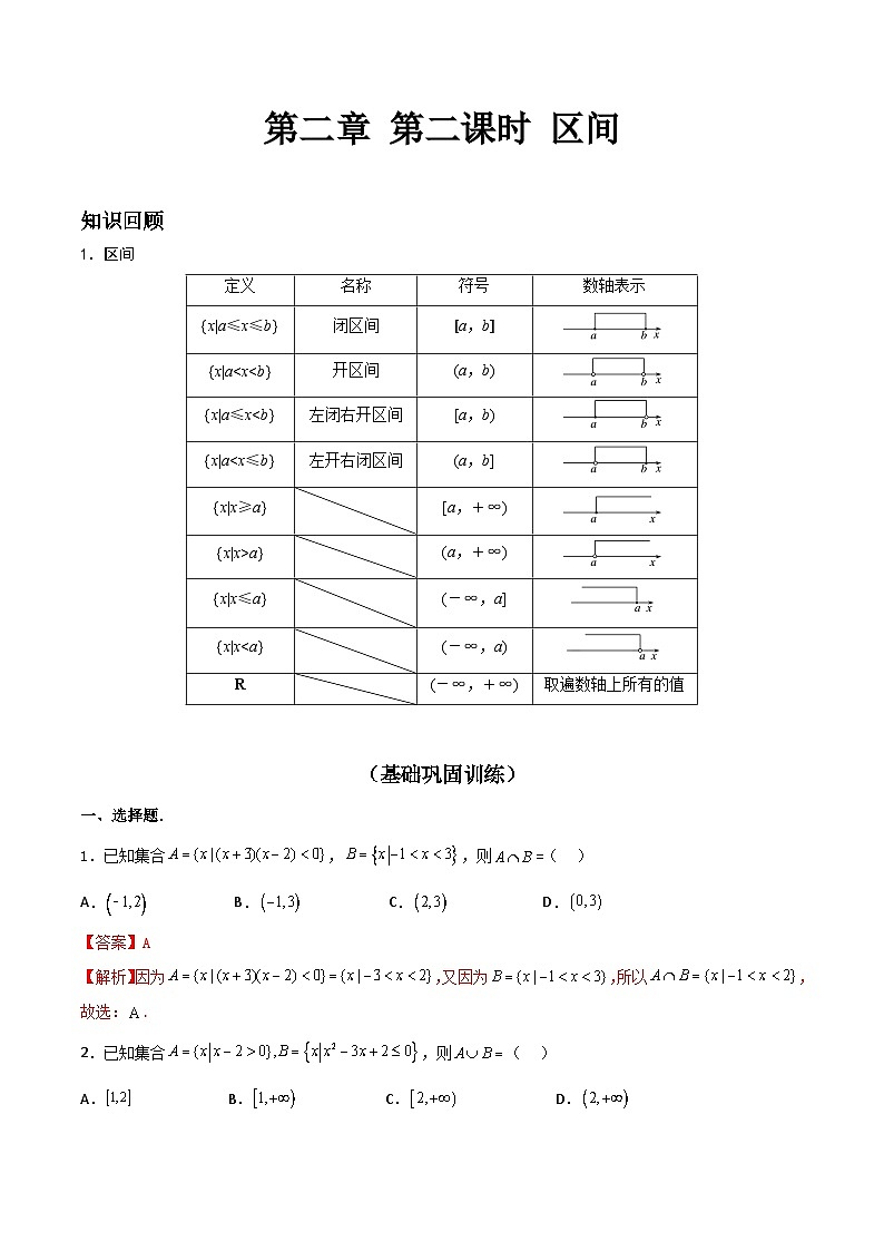 【寒假作业】中职数学 高教版2021   高一数学寒假提升训练 第二章 第二课时 区间-练习.zip01