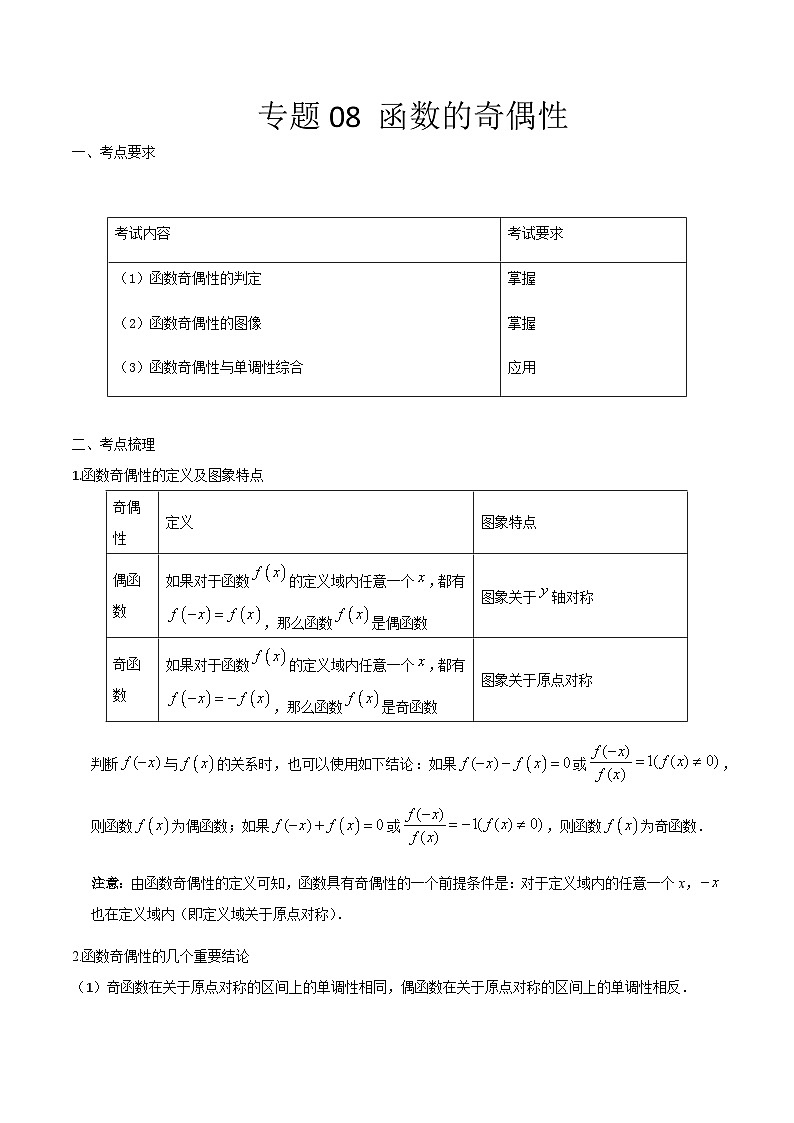【备战2024年中职高考】中职数学 一轮复习 之专题突破 讲练测专题08 函数的奇偶性（讲）-【中职专用】中职高考数学一轮复习讲练测（考点讲与练）解析版第1页