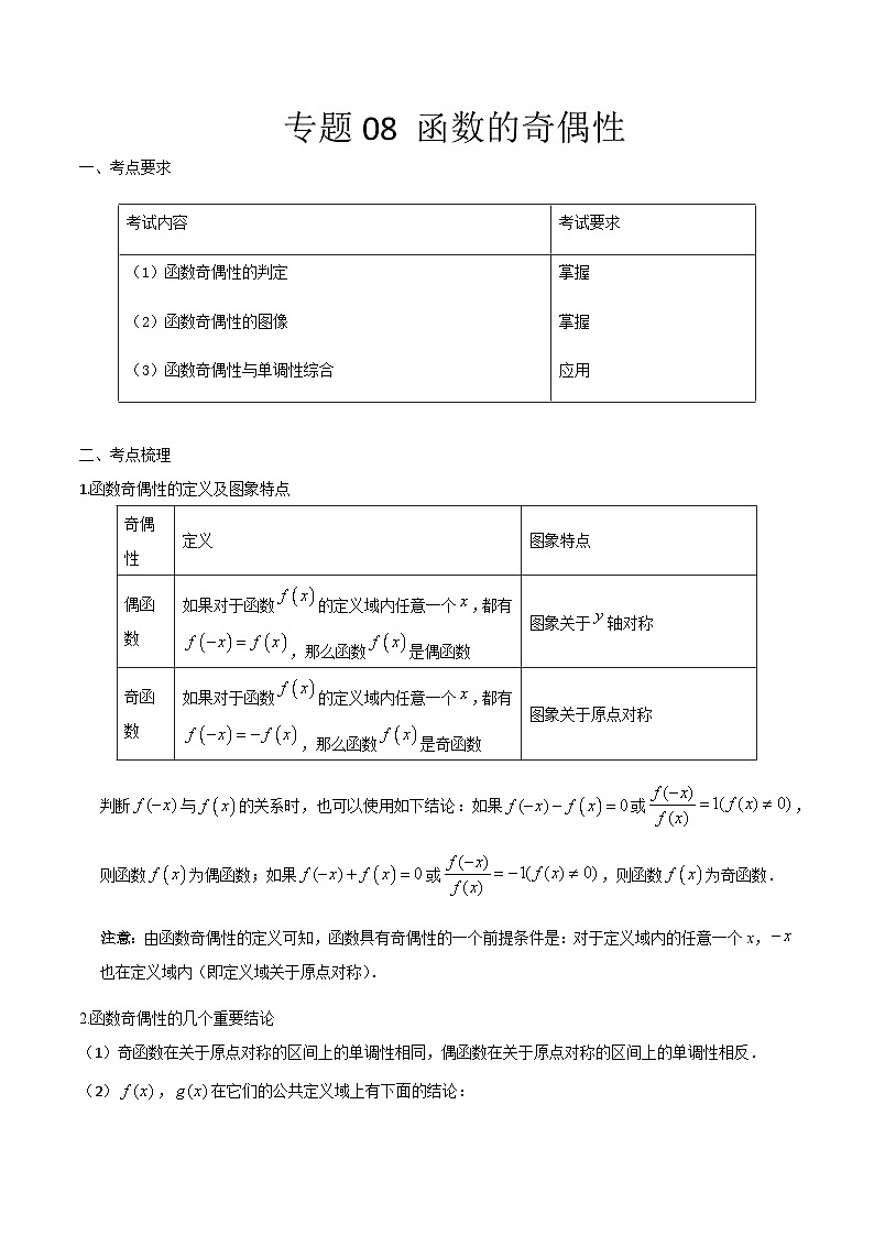 【备战2024年中职高考】中职数学 一轮复习 之专题突破 讲练测专题08 函数的奇偶性（讲）-【中职专用】中职高考数学一轮复习讲练测（考点讲与练）原卷版第1页