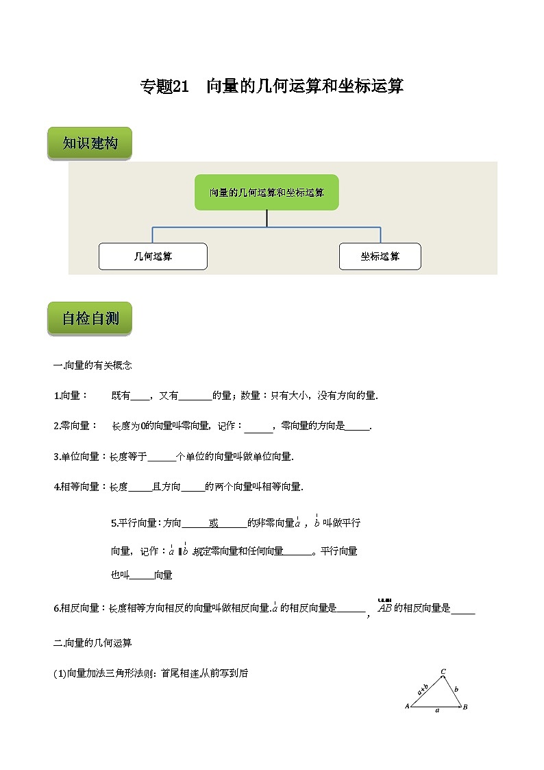 【备战2024年中职高考】中职数学 二轮复习 专题训练 专题21  向量的几何运算和坐标运算-练习01