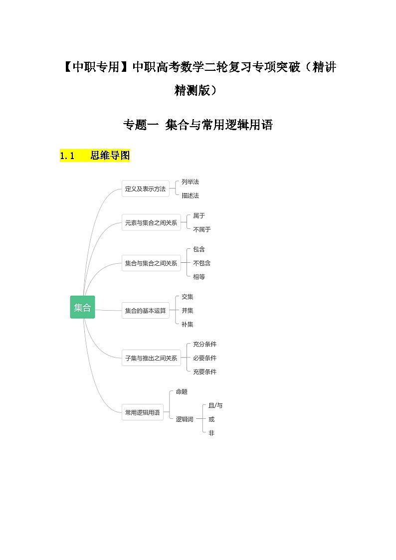 【备战2024年中职高考】中职数学 二轮复习 专题训练 专题01 集合与常用逻辑用语（教师版）第1页