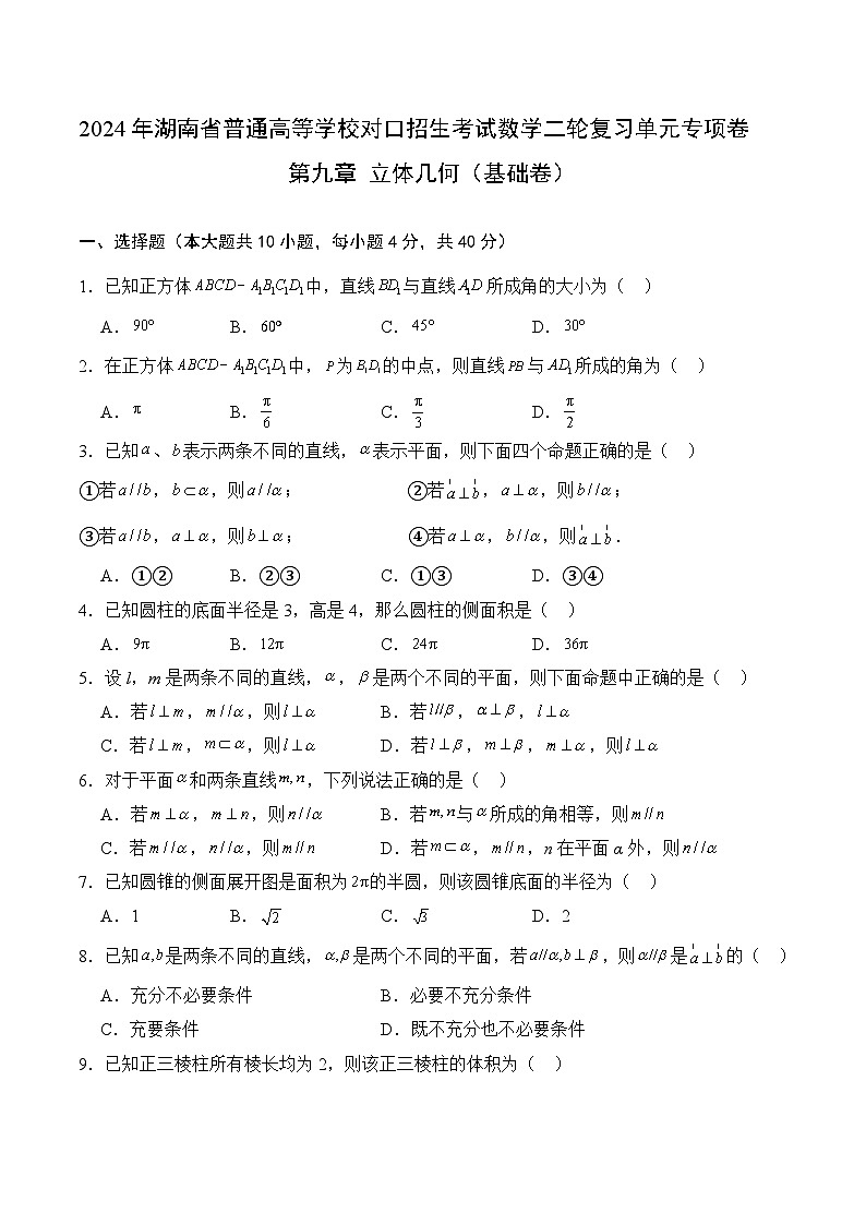 【湖南专用】10 立体几何（基础卷）（原卷版）第1页