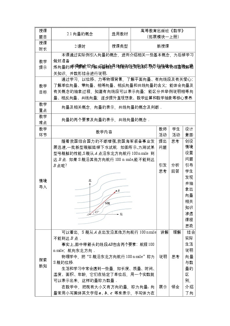 高教版2021 中职数学 拓展模块一上册 第二章2.1向量的概念 课件和教案（2课时）01