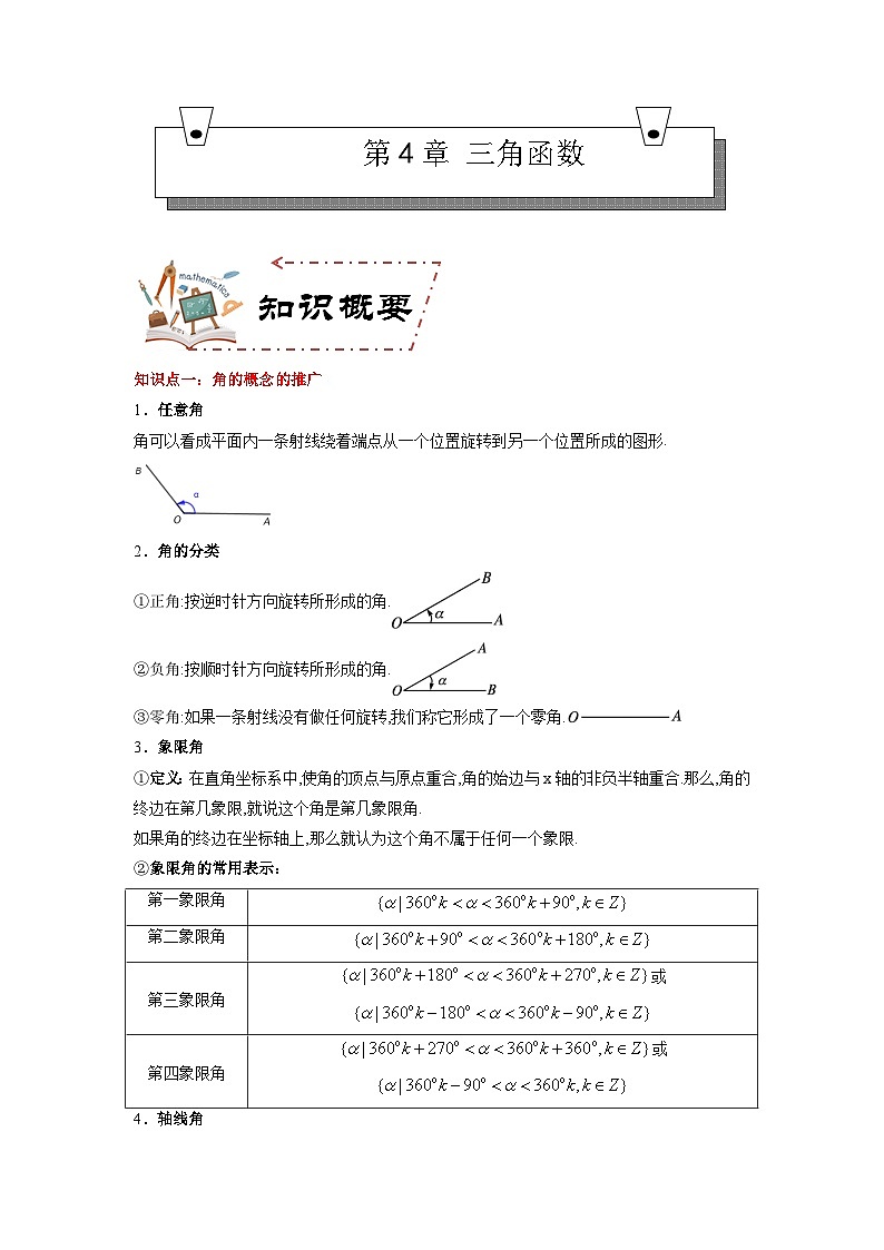 第4章 三角函数（知识考点）-【中职专用】高中数学单元复习讲与测（高教版2021·基础模块上册）（解析版)第1页