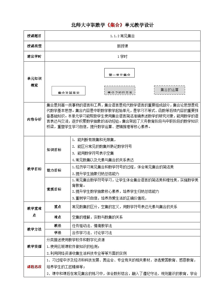 【中职数学】北师大版基础模块上册 第1单元《集合》第2课时 常见集合 教学设计第1页