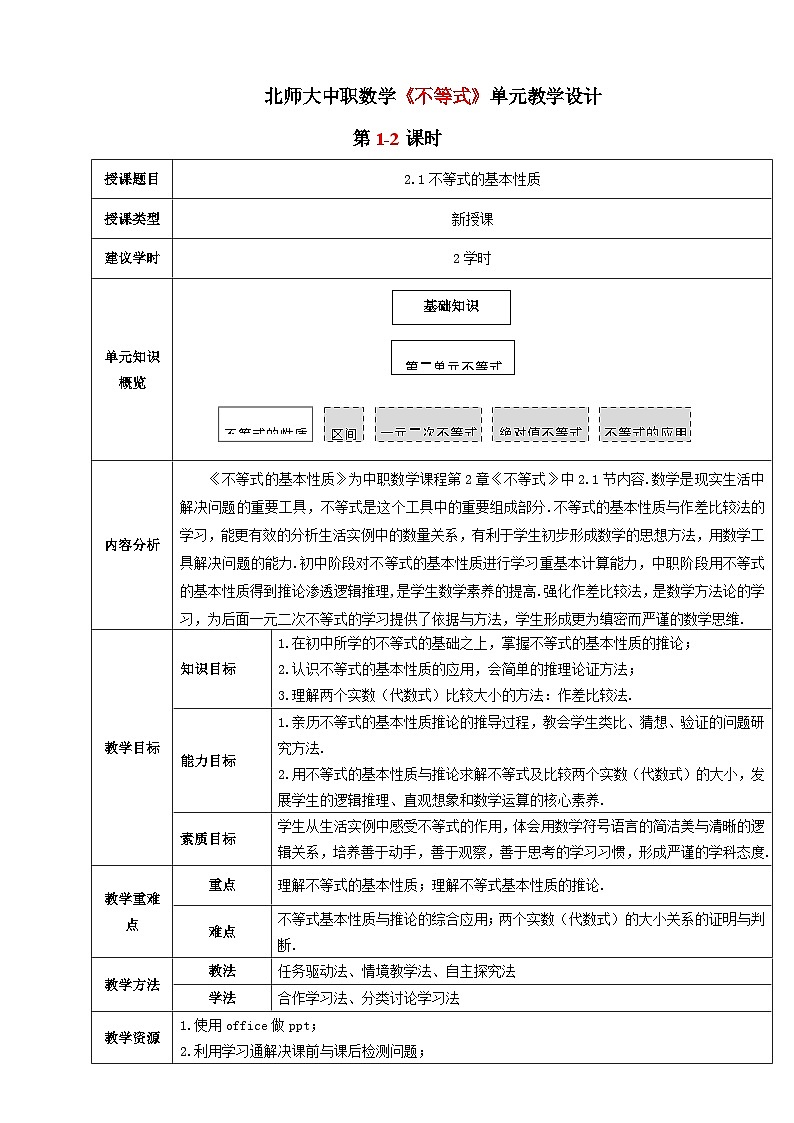 【中职数学】北师大版基础模块上册 第2单元《不等式》第1-2课时不等式的基本性质 教学设计第1页