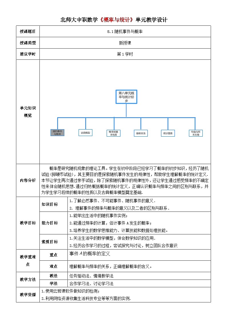 北师大版中职《数学》下册教学设计第八章《概率与统计》第1课时8.1随机事件与概率第1页