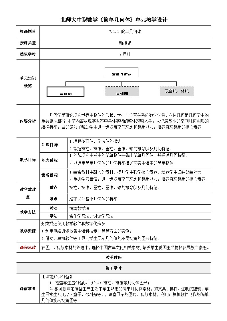 北师大版中职《数学》下册教学设计第七章《简单几何体》单元第1-2课时（简单几何体）教学设计01