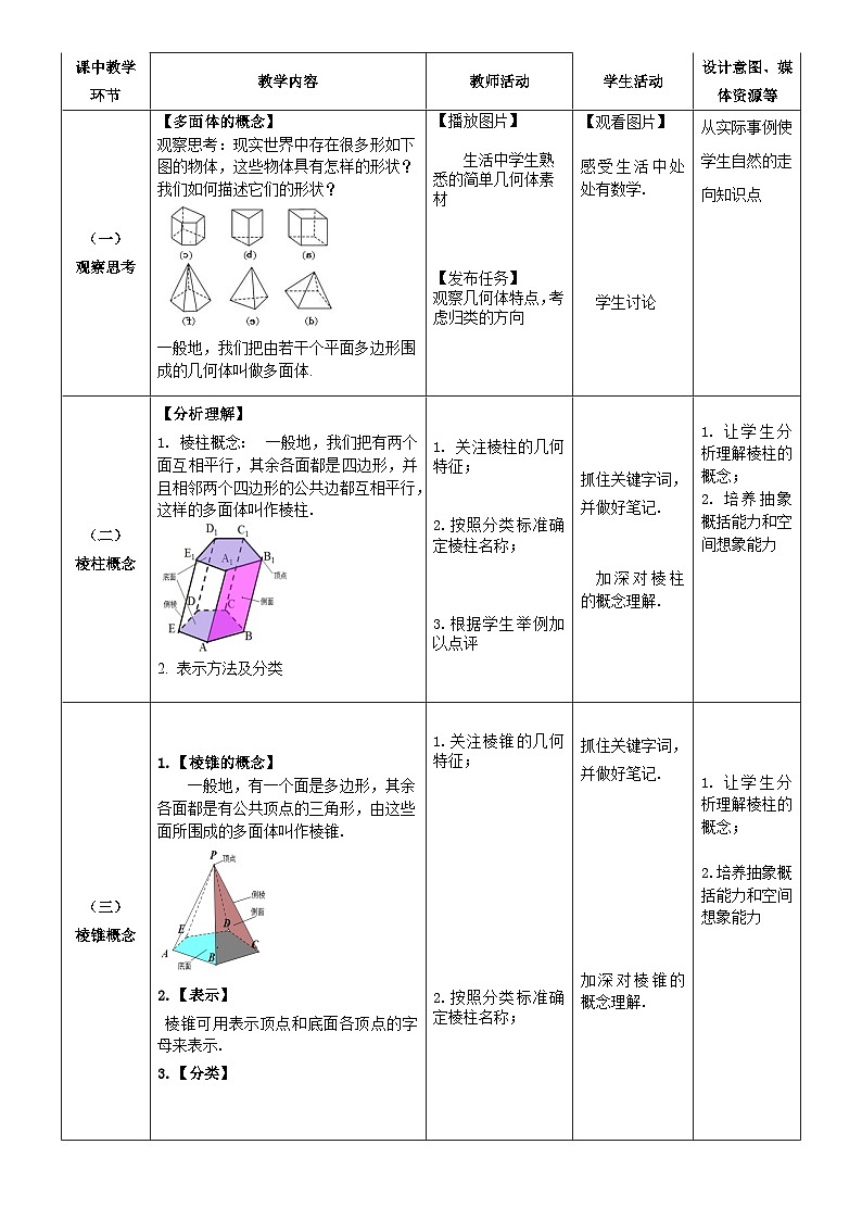 北师大版中职《数学》下册教学设计第七章《简单几何体》单元第1-2课时（简单几何体）教学设计02