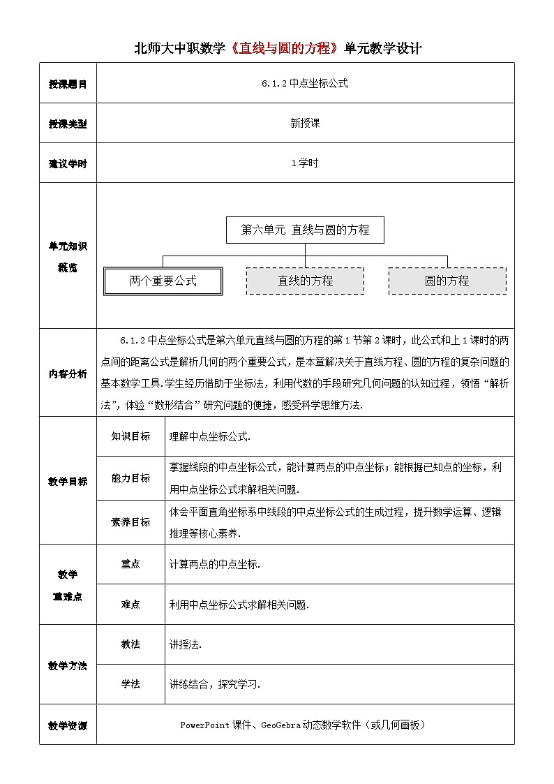 北师大版中职《数学》下册教学设计第六章《直线与圆》单元6.1.2 中点坐标公式 教学设计第1页