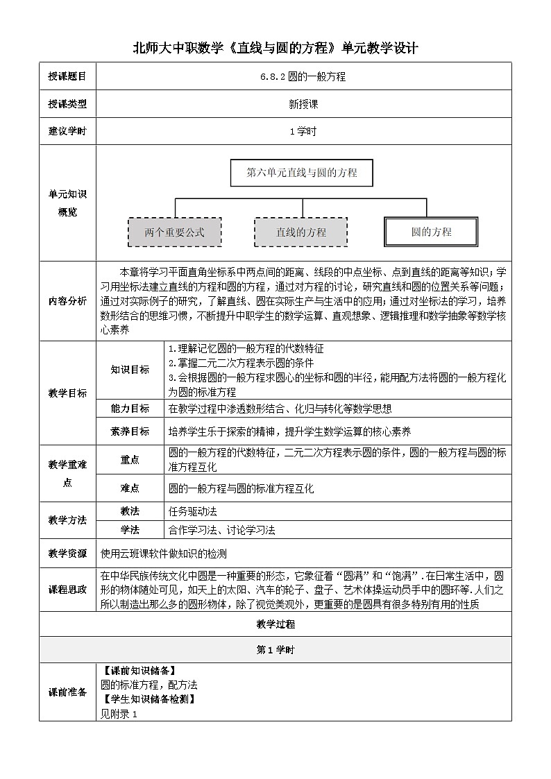 北师大版中职《数学》下册教学设计第六章《直线与圆》单元6.8.2 圆的一般方程 教学设计第1页