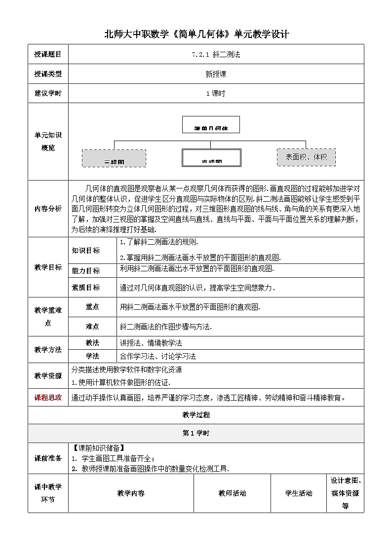 北师大版中职《数学》下册教学设计第七章《简单几何体》单元第6课时（斜二测法）教学设计01