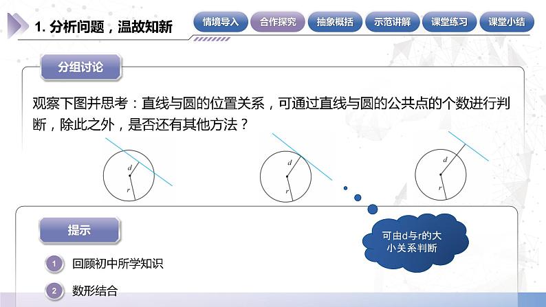 北师大版中职《数学》下册课件《直线与圆》单元6.9.2判断直线与圆的位置关系（二）PPT第5页