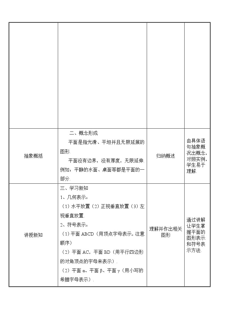 北师大版《中职数学（拓展模块一上册）》第48课 平面的概念、表示和画法 教学设计第2页