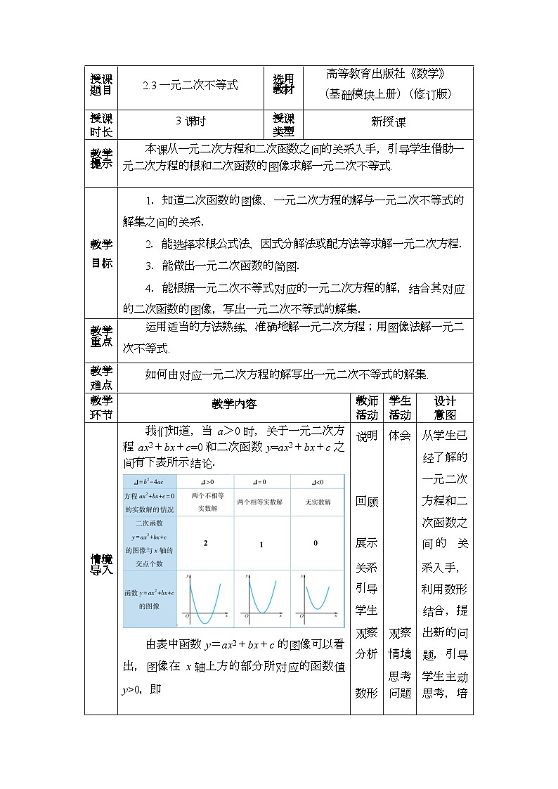 中职数学 高教版（2021·十四五）基础模块上册 2.3一元二次不等式 PPT课件+教案+课内练习题答案01