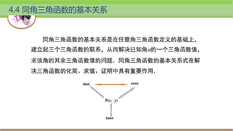 中职数学 高教版（2021·十四五）基础模块上册 4.4同角三角函数的基本关系 PPT课件+教案+课内练习题答案02