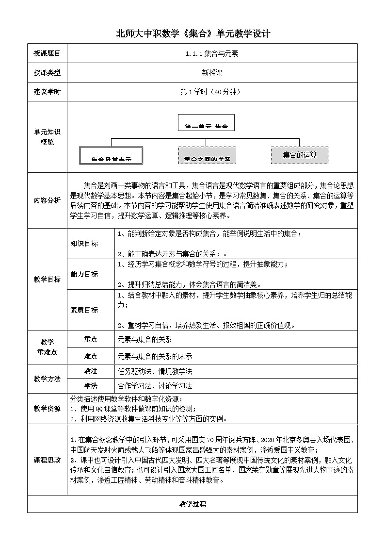 中职数学北师大版基础模块上册1.1.1 集合与元素 课件+教案01